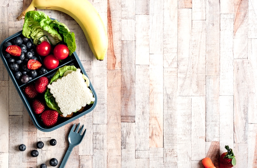 Fruit, vegetables, bread - school lunch ideas for kids.