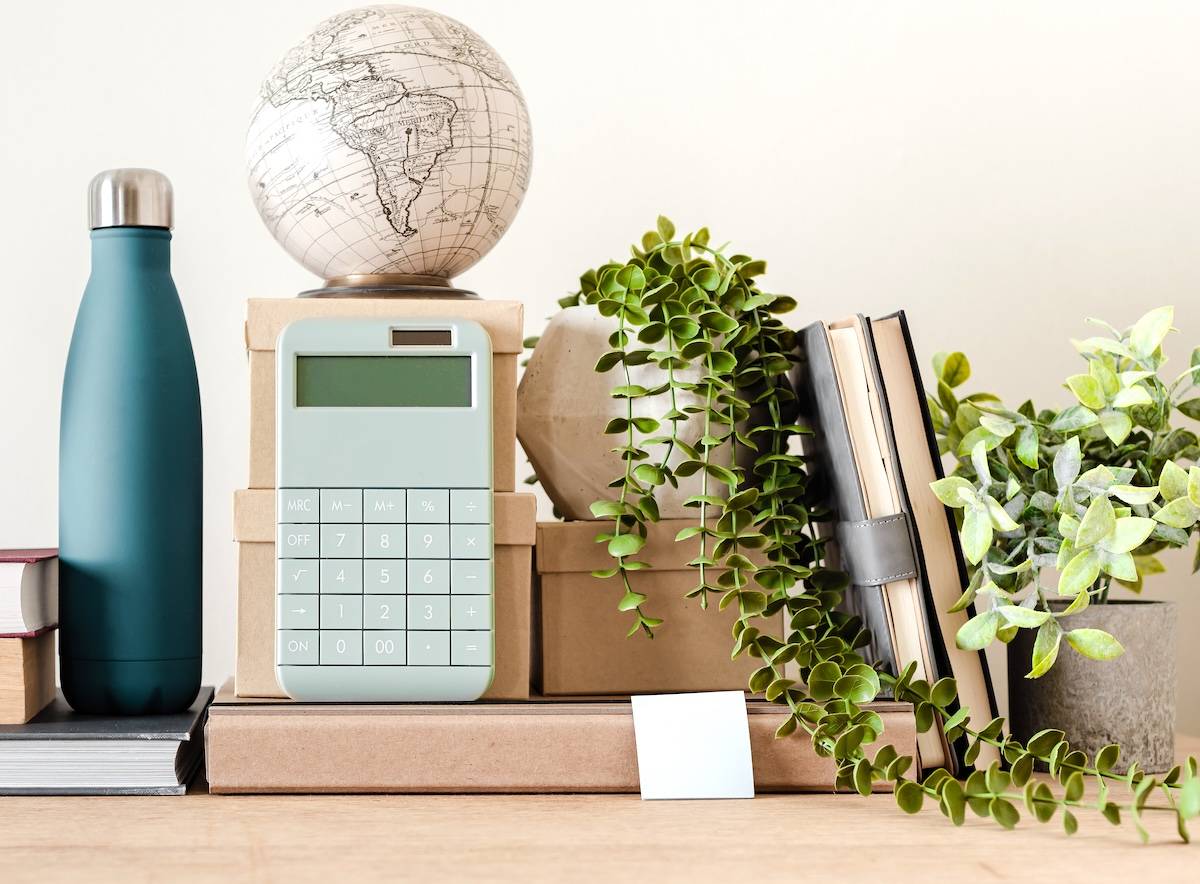 Calculator, water bottle, school supplies - a homework station for kids.