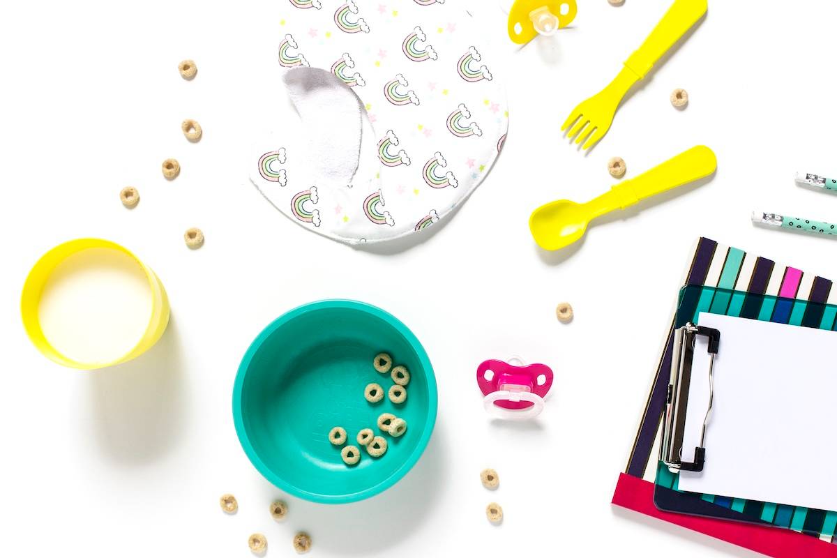 Kid's cereal, bib, utensils - a morning routine checklist.