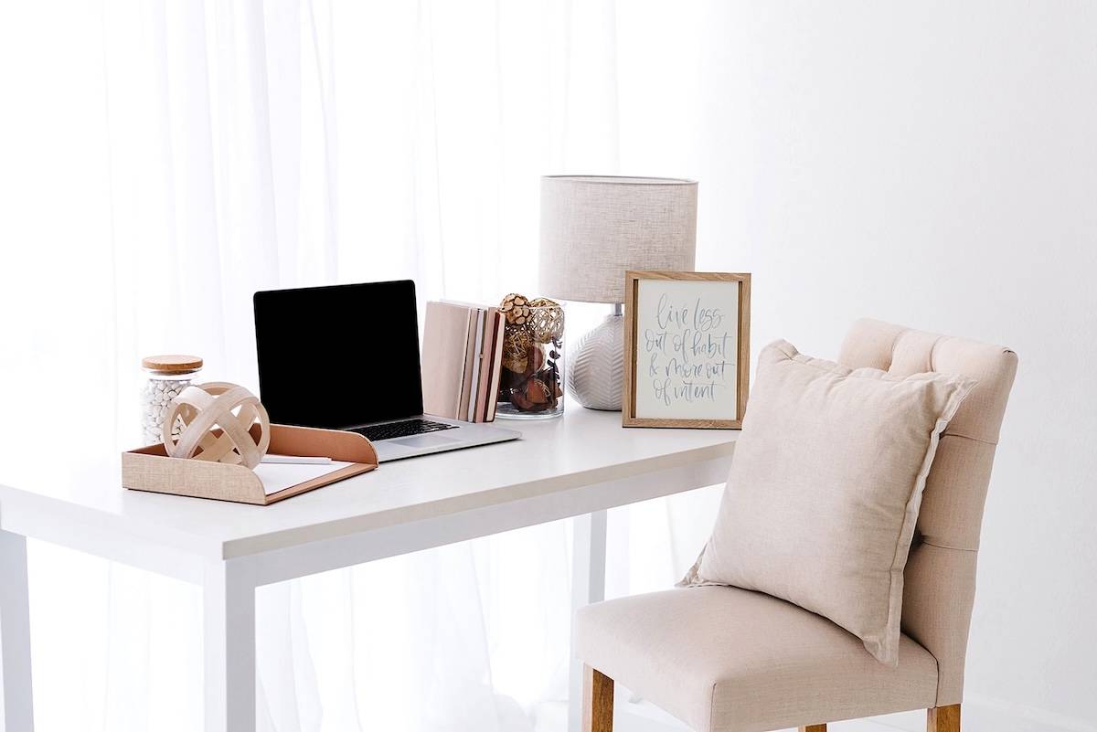 Chair, desk, laptop, office supplies - weekly reset items.