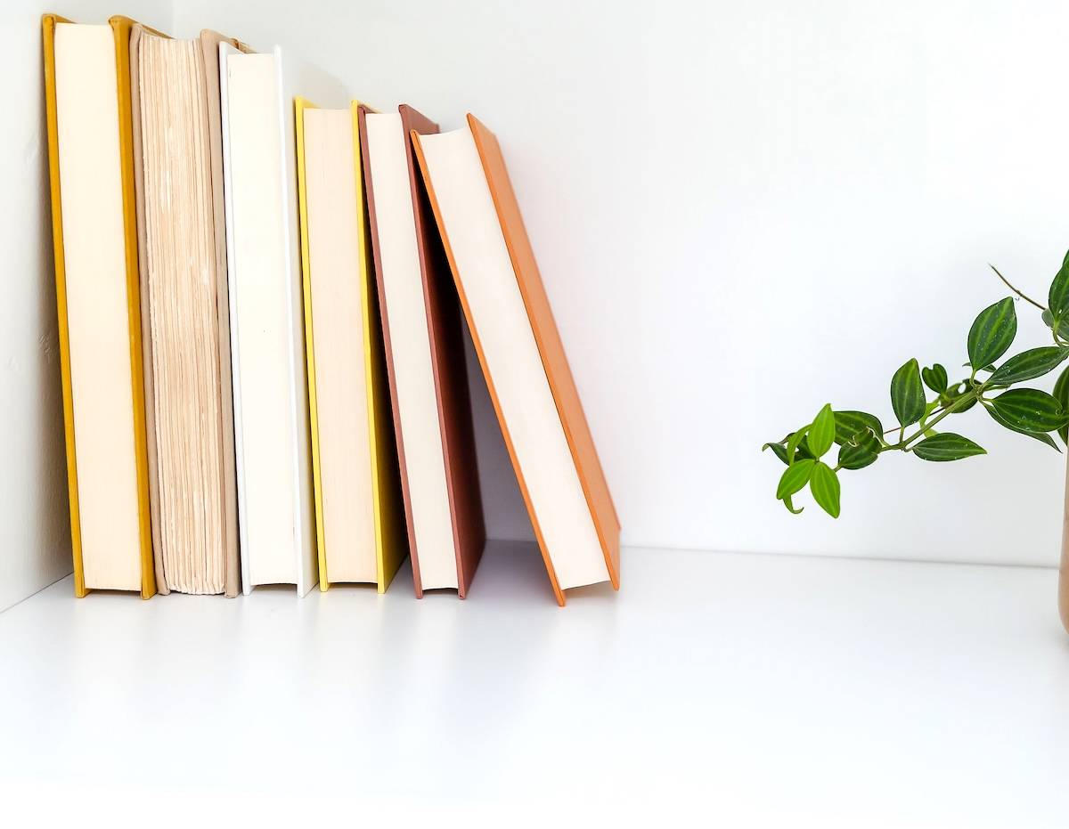 Pile of books, pot plant - book decluttering guide.