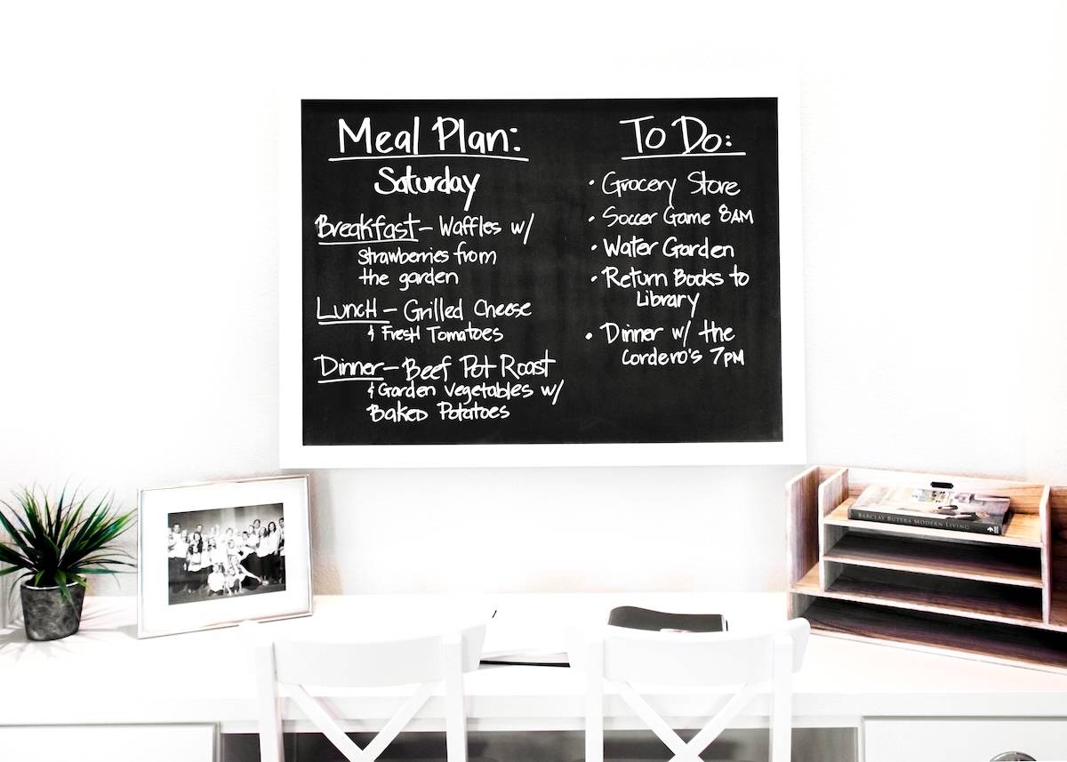 Blackboard with meal planning tasks - batching tasks to help meal prep.