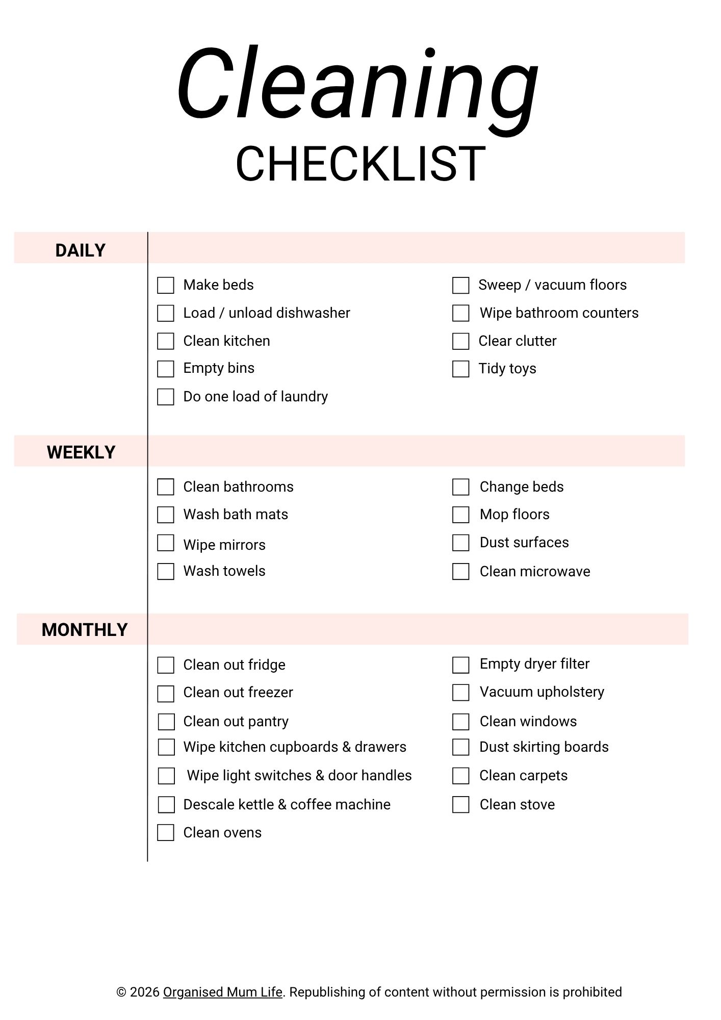 Free cleaning checklist printable