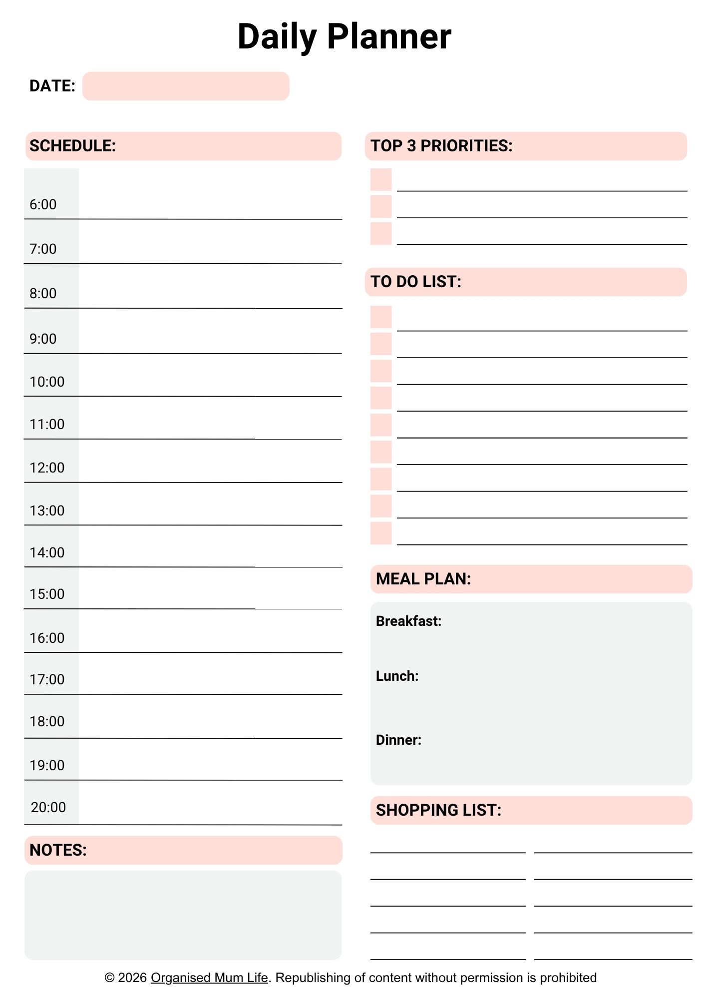 Free daily planner printable