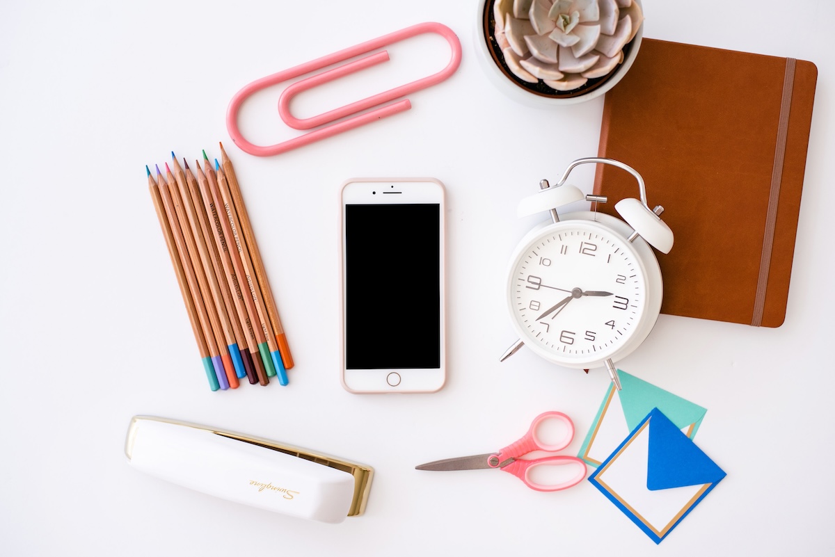 Stationery, clock, plant - things for back to school traditions.