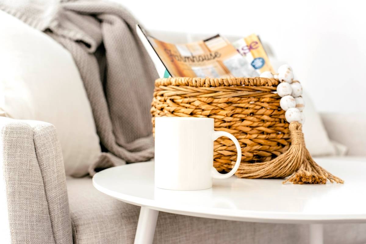 Sofa, mug, magazine - how to declutter when overwhelmed.