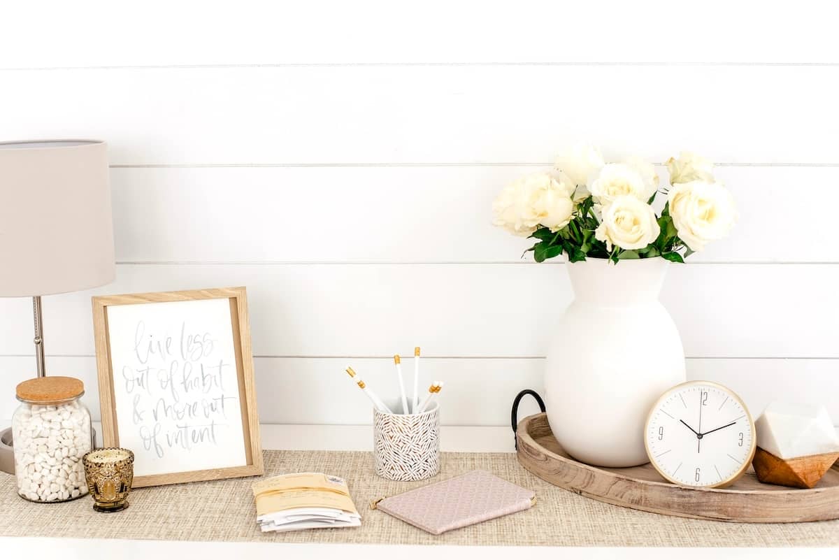 Lamp, flowers, stationery - how to declutter when overwhelmed.