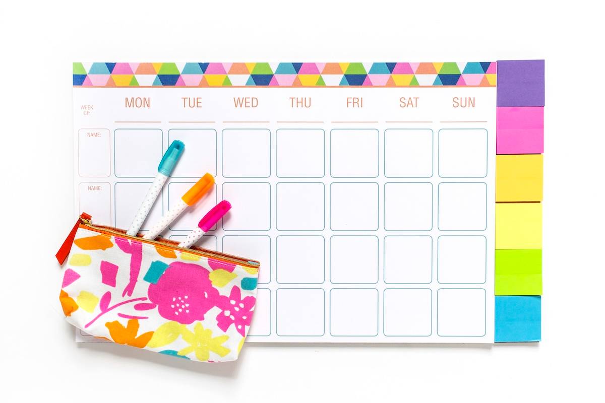 Calendar and pens - family routine items.